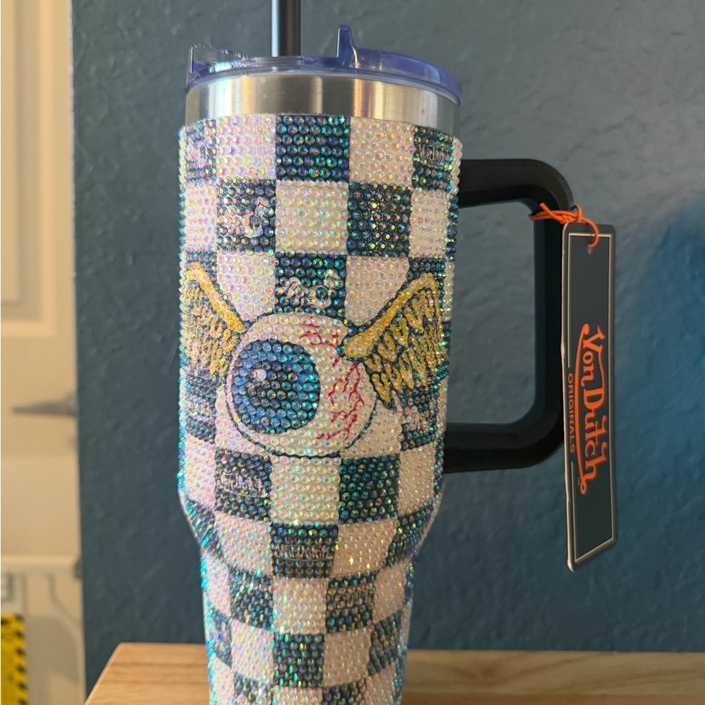 Von Dutch Blue and White Rhinestone Tumbler